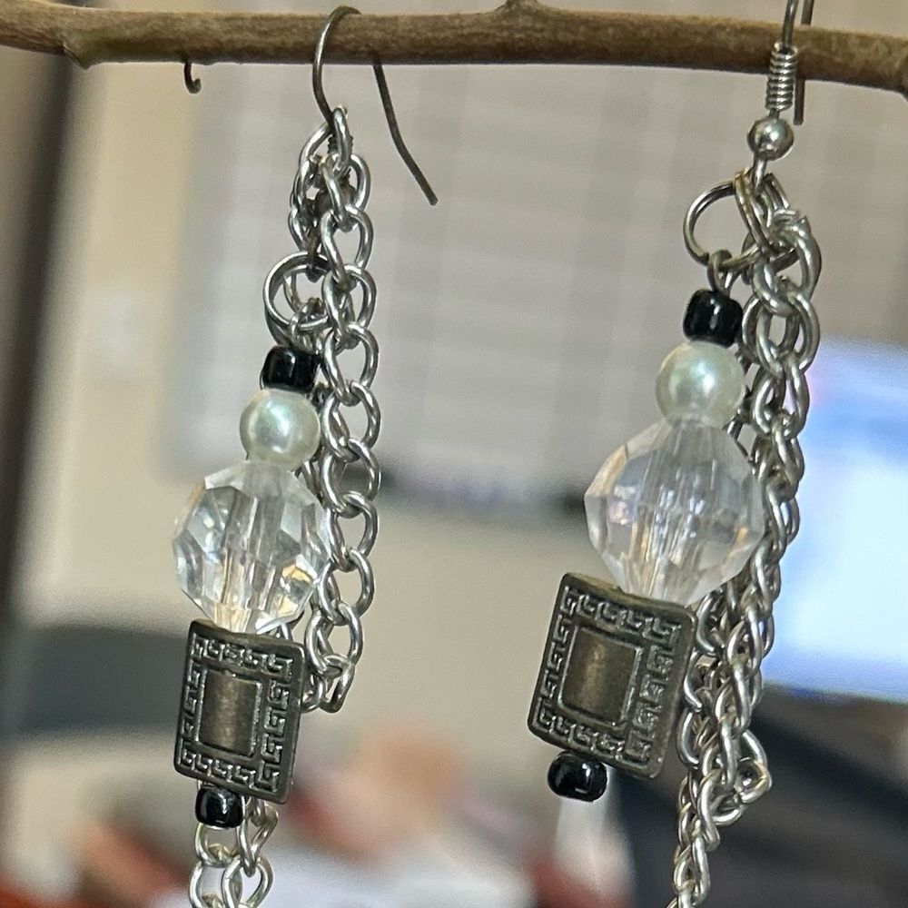 Silver and Black Chain Bead Earrings, OS